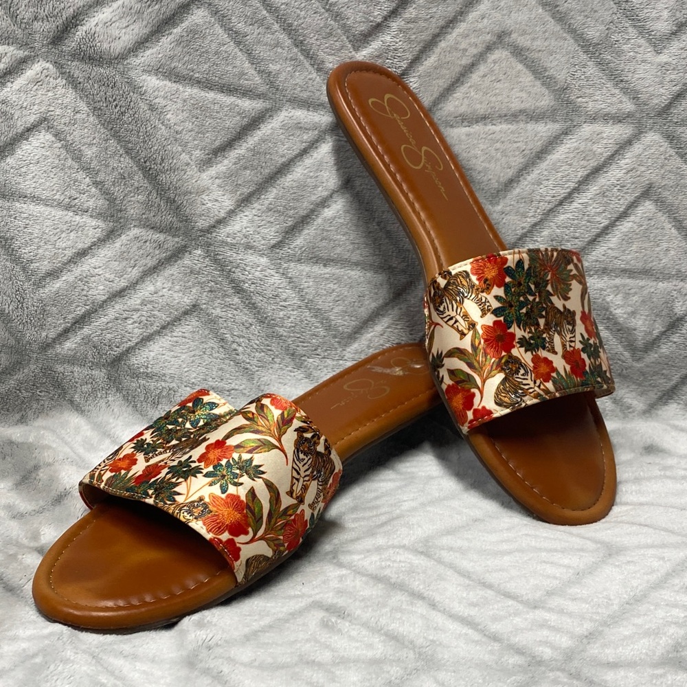 Jessica Simpson Floral Brown Satin Slide Sandals size 11
